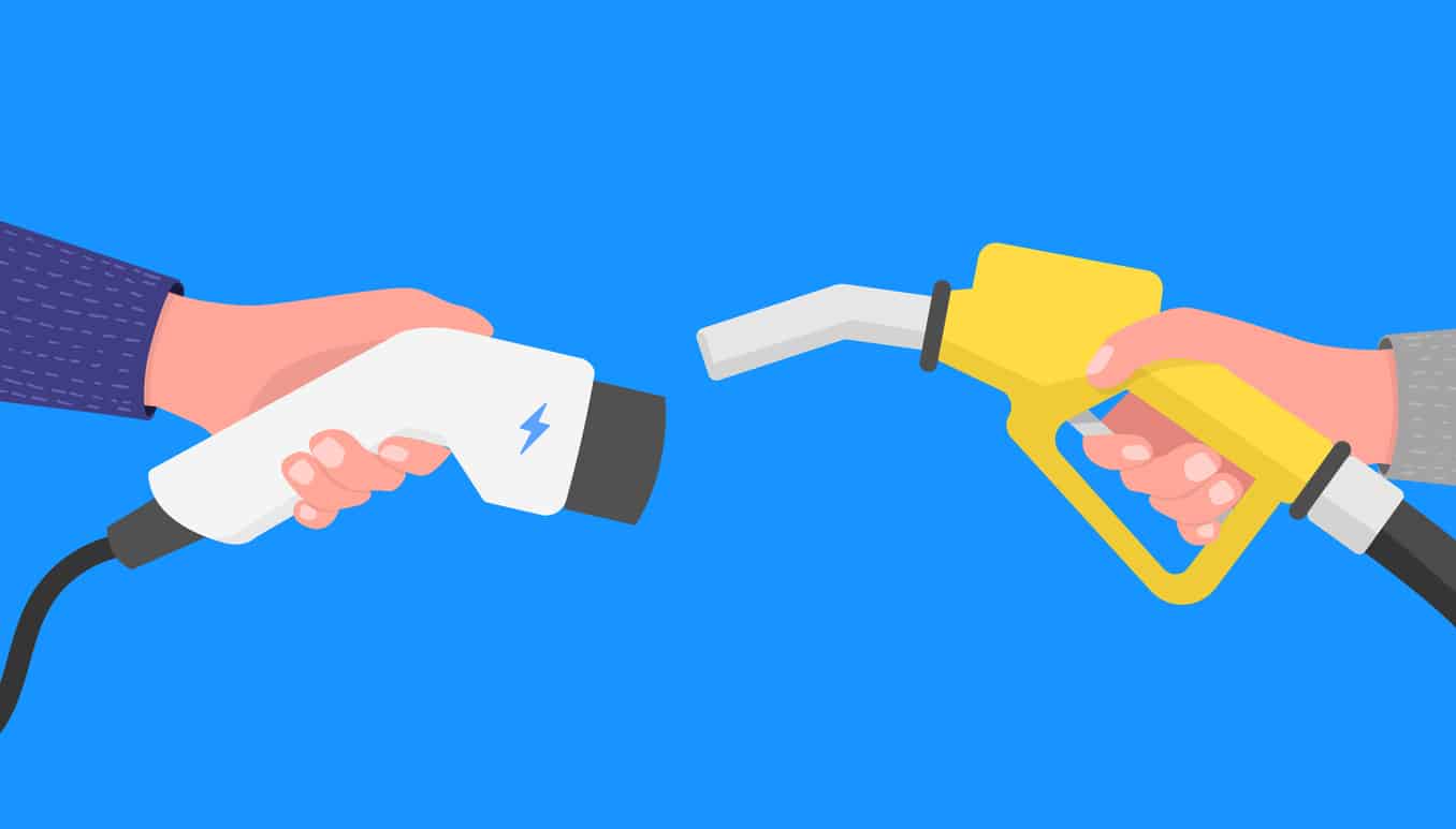 Hand holding gas pump and power and another hand holding gas pump and power connector in front of a blue background.